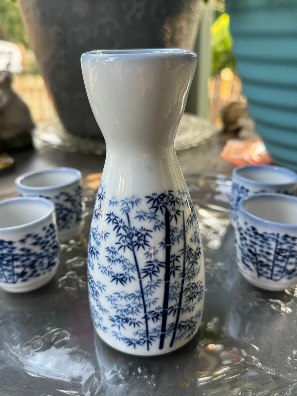 Kafuh Japan Blue & White Bamboo Porcelain Vintage Sake Set - 5 Pc